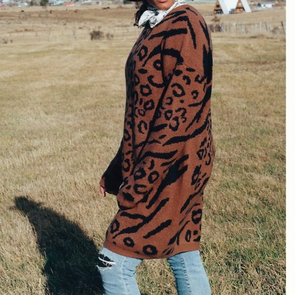 ⭐️ Rilke Leopard Cheetah Cat Chic Glam Girly Winter Classy Tunic Sweater Dress - Picture 3 of 9